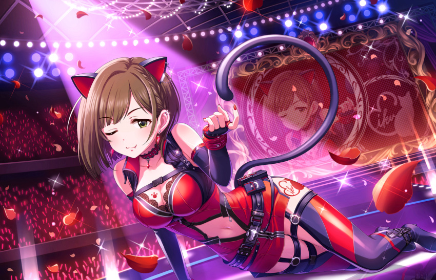 1girl ;3 animal_ears audience bare_shoulders black_gloves blush boots braid breast_tattoo breasts brown_hair cat_ears cat_tail choker cleavage earrings elbow_gloves fang fang_out fingerless_gloves garter_straps gloves green_eyes high_heel_boots high_heels idolmaster idolmaster_cinderella_girls idolmaster_cinderella_girls_starlight_stage indoors jewelry large_breasts looking_at_viewer maekawa_miku navel navel_cutout official_art paw_print petals short_hair smile solo stage stage_lights tail tattoo thigh-highs thigh_boots zipper