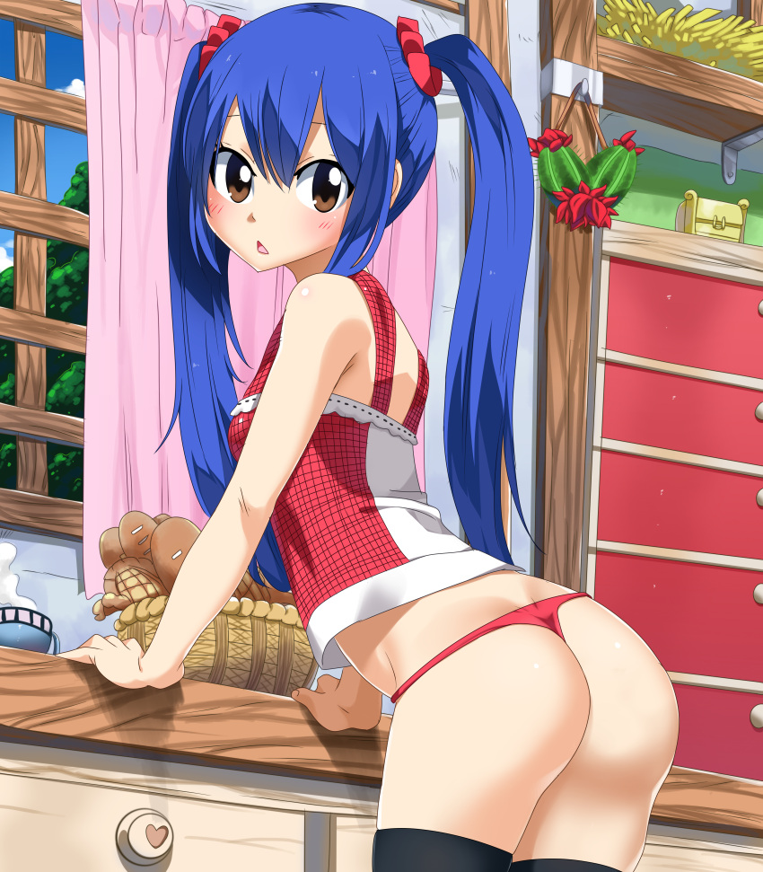 absurdres arm_support ass black_legwear blue_hair blush bread brown_eyes cowboy_shot day fairy_tail food hair_between_eyes hair_ornament hair_scrunchie highres huge_filesize indoors leaning_forward long_hair looking_at_viewer open_mouth panties planeptune red_panties red_shirt scrunchie shirt sleeveless standing steam thigh-highs twintails underwear very_long_hair wendy_marvell window