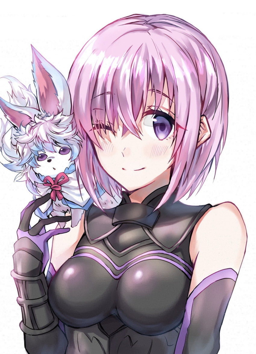 1girl ;) bare_shoulders betti_(maron) breasts elbow_gloves fate/grand_order fate_(series) fou_(fate/grand_order) gloves highres looking_at_viewer one_eye_closed purple_hair shielder_(fate/grand_order) simple_background smile violet_eyes white_background
