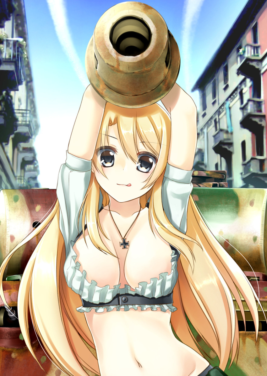 1girl :p arms_up blonde_hair breasts building grey_eyes ground_vehicle highres large_breasts long_hair looking_at_viewer military military_vehicle motor_vehicle navel original sky smile solo tank tiger_i tongue tongue_out tukiyofree upper_body