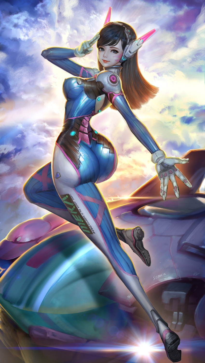 1girl absurdres acronym arm_at_side arm_behind_back artist_name ass back bangs blue_bodysuit bodysuit boots bracer breasts brown_hair clothes_writing clouds cloudy_sky covered_navel covered_nipples d.va_(overwatch) day facepaint facial_mark from_behind full_body gloves grey_eyes hand_to_head hand_up headphones highres leg_up long_hair looking_at_viewer looking_back mecha medium_breasts meka_(overwatch) midair one_leg_raised outdoors overwatch pauldrons pilot_suit ribbed_bodysuit salute shiny shiny_clothes shoulder_pads skin_tight sky smile solo sonacia spread_fingers thigh-highs thigh_boots thigh_strap turtleneck two-finger_salute whisker_markings white_boots white_gloves