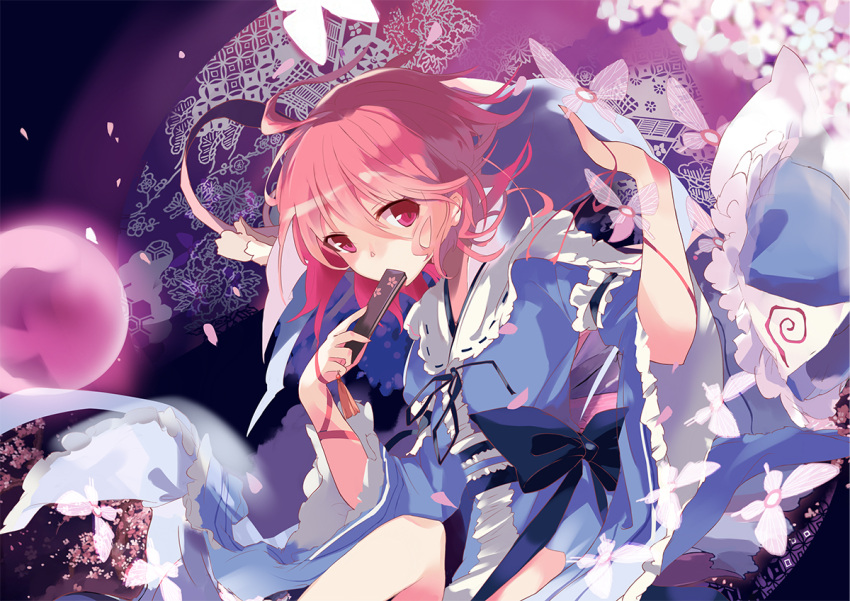 1girl ahoge blue_bow blue_hat blue_kimono bow butterfly cherry_blossoms commentary_request covered_mouth covering_mouth fan frilled_kimono frills hat hat_removed headwear_removed japanese_clothes kimono looking_at_viewer mob_cap neck_ribbon obi petals pink_eyes pink_hair ribbon saigyouji_yuyuko saigyouji_yuyuko's_fan_design sash solo tetsurou_(fe+) touhou triangular_headpiece