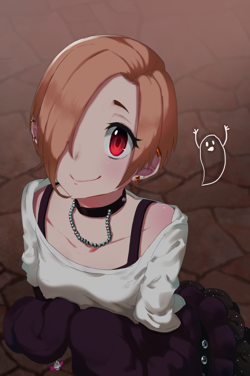 1girl absurdres bags_under_eyes blonde_hair collar collarbone commentary_request ear_piercing ghost hair_over_one_eye hands_in_sleeves highres idolmaster idolmaster_cinderella_girls idolmaster_cinderella_girls_starlight_stage looking_at_viewer piercing red_eyes rerere shirasaka_koume short_hair sleeves_past_wrists smile