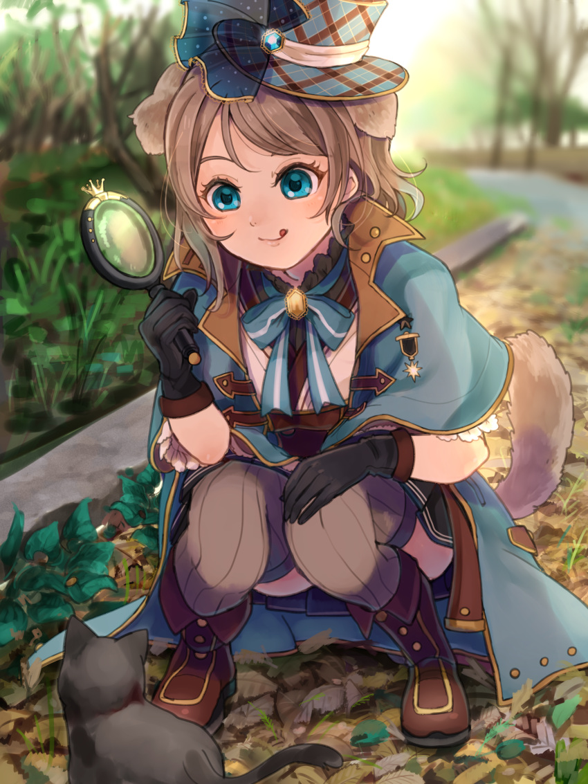 1girl :q absurdres animal animal_ears beniko08 black_cat black_gloves blue_eyes boots brooch brown_boots cat coat dog_ears dog_tail forest gem gloves grey_hair hand_on_own_knee hat highres holding jewelry kemonomimi_mode love_live! love_live!_school_idol_festival love_live!_sunshine!! magnifying_glass nature neck_ribbon plaid_hat pleated_skirt ribbon skirt solo squatting striped striped_legwear striped_ribbon tail thigh-highs tongue tongue_out top_hat vertical-striped_legwear vertical_stripes watanabe_you