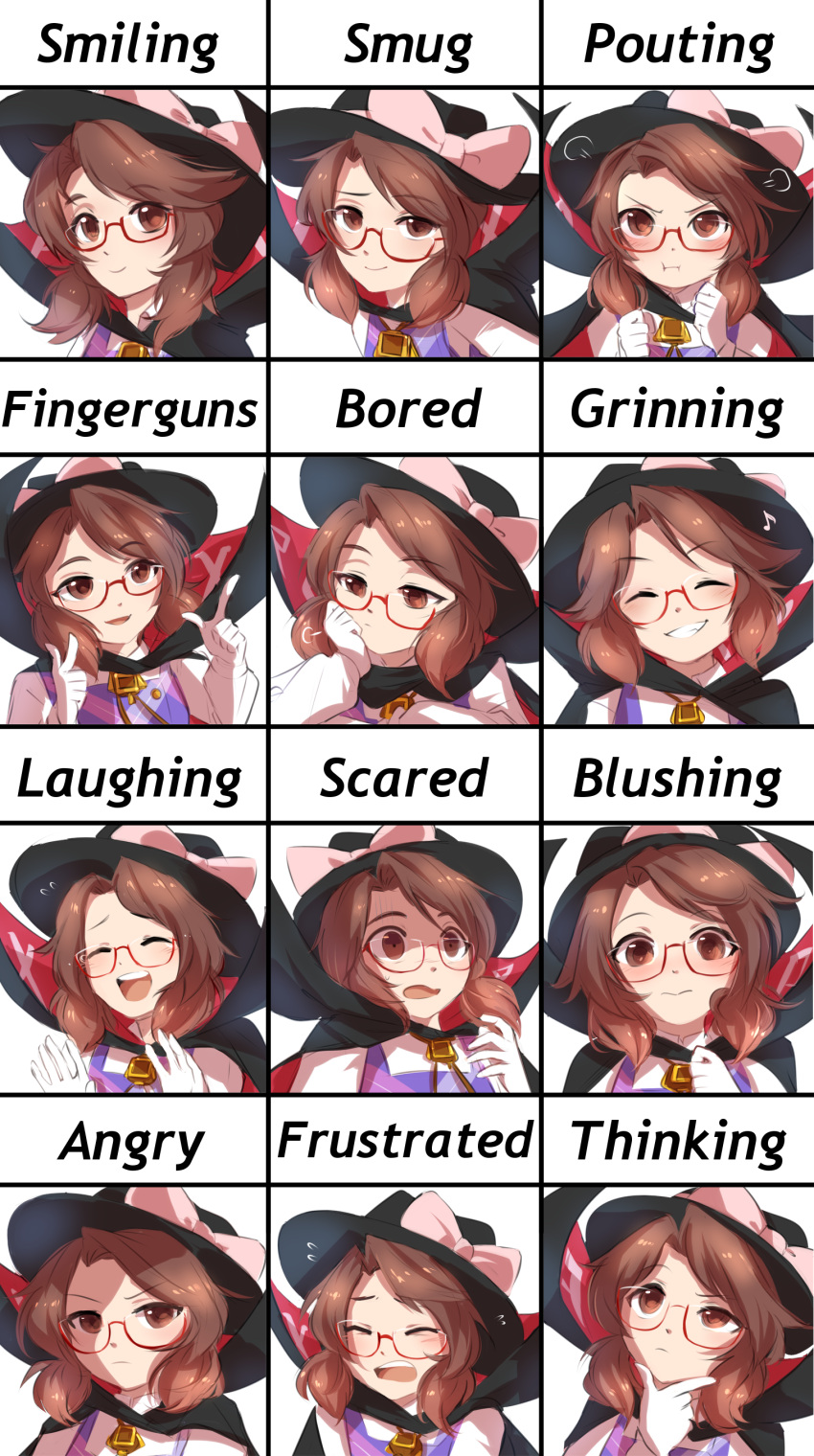1girl :i absurdres angry blush bored bow brown_eyes brown_hair cape collar expression_chart expressions finger_gun furrowed_eyebrows glaring glasses gloves grin hand_on_own_cheek hand_on_own_chin hat hat_bow highres laughing looking_at_viewer low_twintails musical_note open_mouth pout red-framed_eyewear reddverse shirt short_hair sketch smile smug solo sweatdrop thinking touhou twintails usami_sumireko wavy_mouth white_background