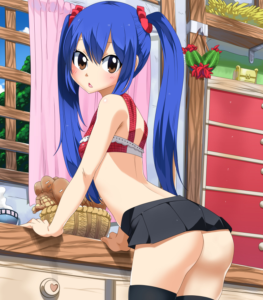 absurdres arm_support ass black_legwear black_skirt blue_hair blush bra bread breasts brown_eyes cowboy_shot day fairy_tail food hair_between_eyes hair_ornament hair_scrunchie highres indoors leaning_forward long_hair looking_at_viewer microskirt open_mouth planeptune pleated_skirt red_bra scrunchie shiny shiny_skin skirt small_breasts standing steam thigh-highs twintails underwear very_long_hair wendy_marvell window