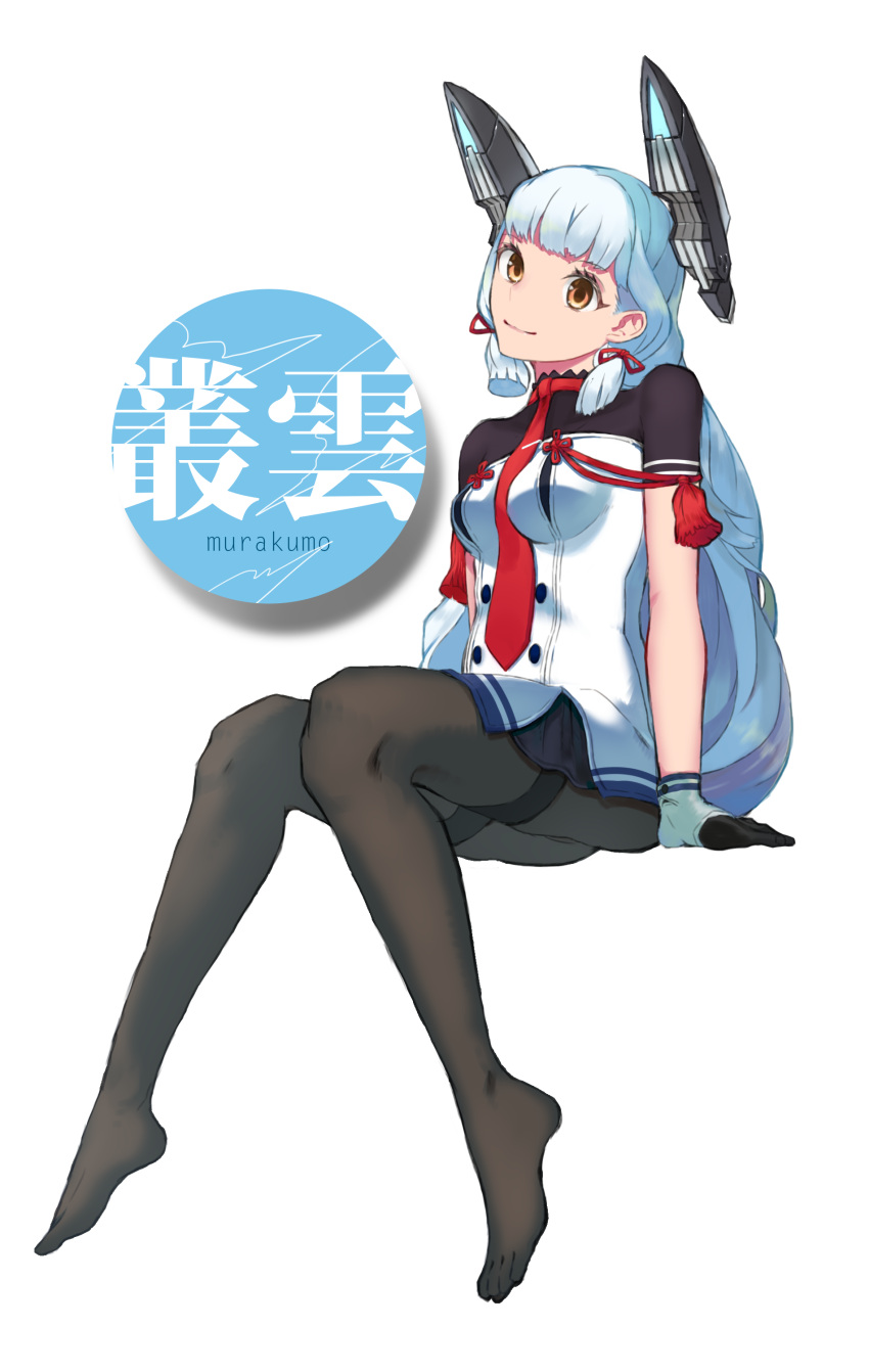 10s 1girl absurdres bangs barefoot black_legwear blunt_bangs character_name commentary_request dress gloves hair_ribbon headgear highres kantai_collection murakumo_(kantai_collection) necktie orange_eyes pantyhose red_necktie remodel_(kantai_collection) rerere ribbon sailor_dress short_eyebrows short_sleeves sidelocks sitting solo thighband_pantyhose tress_ribbon white_background white_hair