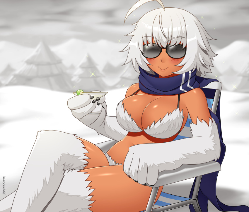1girl :&gt; ahoge artist_name bare_shoulders beach_chair blue_scarf blush breasts claws clouds cloudy_sky cocktail cocktail_glass cup dark_skin day drinking_glass eyebrows_visible_through_hair facing_viewer fur fur_bikini highres holding holding_drinking_glass kuroonehalf large_breasts legs_crossed monster_girl monster_girl_encyclopedia outdoors paws scarf short_hair sitting sky snow solo sparkle sunglasses tree white_fur white_hair winter yeti_(monster_girl_encyclopedia)