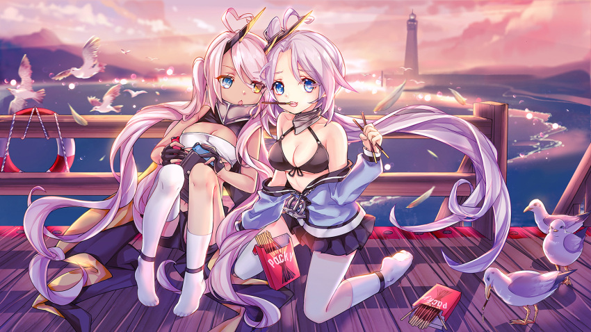 2girls 8rats bilan_hangxian bird blurry blurry_background breasts cleavage food heterochromia highres indianapolis_(bilan_hangxian) jacket lighthouse long_hair looking_at_viewer multiple_girls pocky ponytail purple_hair seagull sky sunset