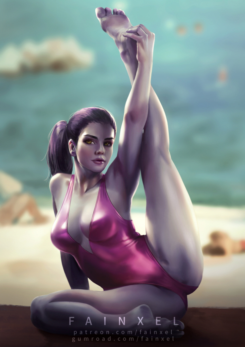 1girl adapted_costume arm_support armpits artist_name barefoot beach blurry blurry_background breasts crotch fainxel feet foot_hold full_body hands_on_feet highres leg_hold leg_up leotard lips long_hair looking_at_viewer medium_breasts nose outdoors overwatch pink_leotard ponytail pose purple_hair purple_lips purple_skin realistic shoreline signature sitting soles solo toes watermark web_address widowmaker_(overwatch) yellow_eyes