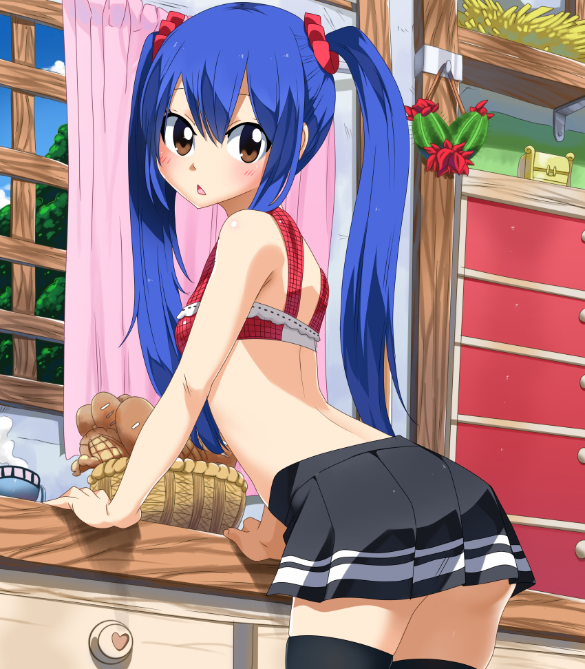 absurdres arm_support black_legwear black_skirt blue_hair blush bra bread brown_eyes cowboy_shot day fairy_tail food hair_between_eyes hair_ornament hair_scrunchie highres indoors leaning_forward long_hair looking_at_viewer miniskirt open_mouth planeptune pleated_skirt red_bra scrunchie shiny shiny_skin skirt standing steam thigh-highs twintails underwear very_long_hair wendy_marvell window zettai_ryouiki