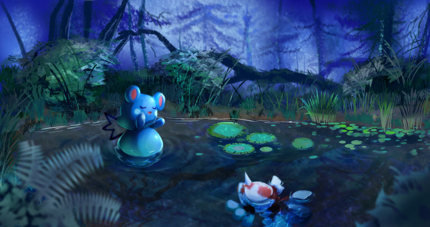 azumarill closed_eyes drawfag goldeen highres lily_pad log no_humans open_mouth outdoors plant pokemon pokemon_(creature) pond ripples sitting tree water