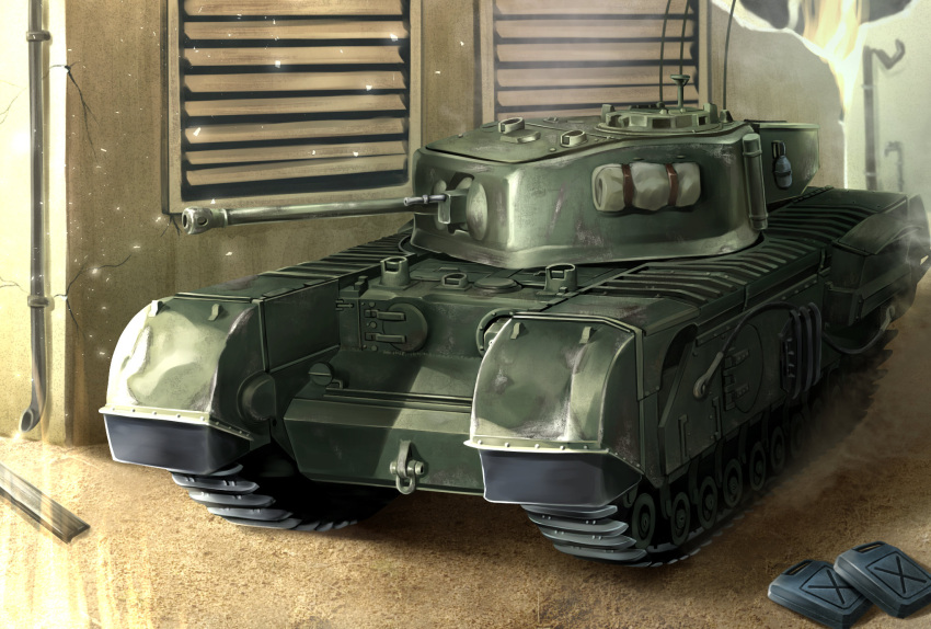 churchill_(tank) gas_can ground_vehicle highres house military military_vehicle motor_vehicle no_humans original tank tukiyofree