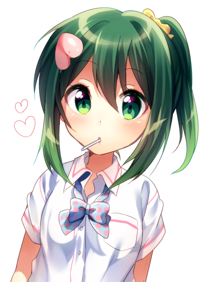 1girl blue_bow blue_bowtie blush bow bowtie breast_pocket candy food green_eyes green_hair hair_ornament heart heart_hair_ornament highres lollipop looking_at_viewer ntk_(7t5) parted_lips pocket polka_dot polka_dot_bow polka_dot_bowtie ponytail scrunchie serizawa_momoka short_hair short_sleeves solo tokyo_7th_sisters upper_body yellow_scrunchie