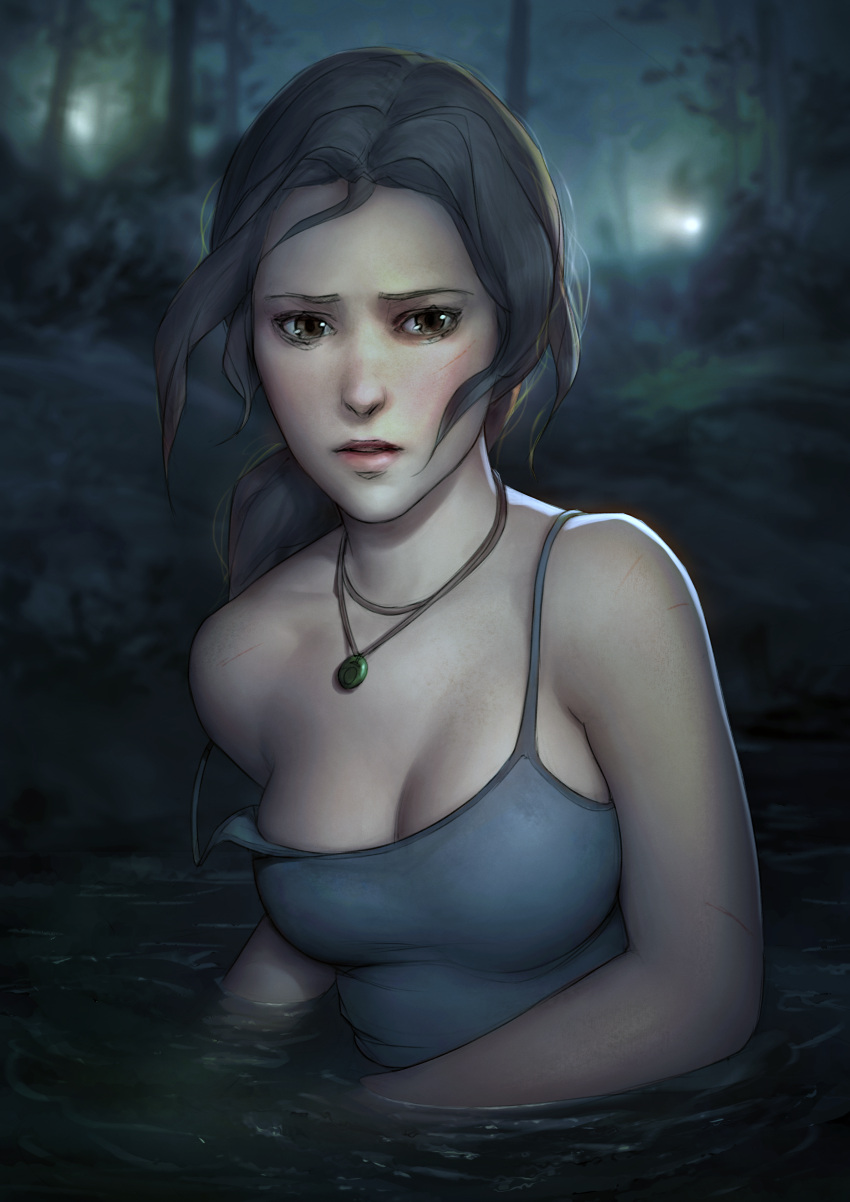 1girl absurdres bare_shoulders breasts brown_eyes brown_hair cleavage eyebrows female flashlight fleeing highres huge_filesize i0525 jewelry lara_croft lips long_hair low_ponytail medium_breasts necklace no_bra nose pendant ponytail solo spaghetti_strap strap_slip tank_top tomb_raider tomb_raider_(reboot) upper_body wading