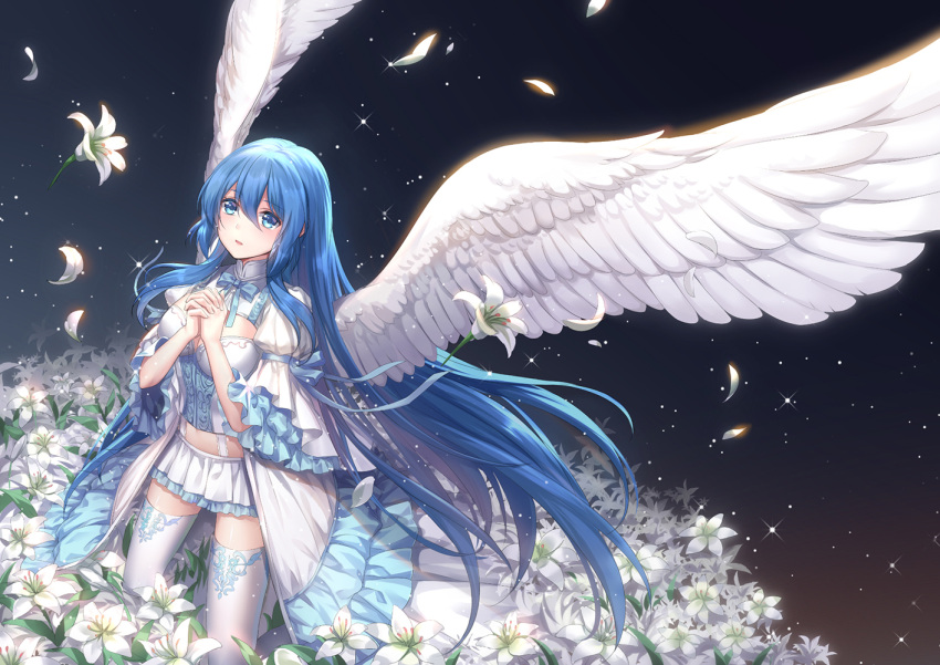 1girl absurdly_long_hair althea_(sakiya0000) angel_wings blue_bow blue_eyes blue_hair blush bow breasts crop_top feathered_wings floating_hair frilled_skirt frills hair_between_eyes hands_clasped kneeling long_hair medium_breasts midriff miniskirt neck_ribbon original parted_lips petals pleated_skirt ribbon skirt solo stomach suspender_skirt suspenders thigh-highs very_long_hair white_flower white_legwear white_skirt white_wings wings zettai_ryouiki