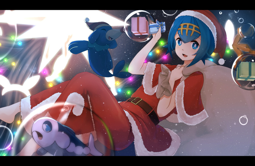 1girl :d air_bubble alternate_costume bangs barefoot belt_buckle blue_eyes blue_hair blush box bright_pupils brown_belt bubble buckle capelet carrying_over_shoulder christmas christmas_lights commentary_request eyebrows_visible_through_hair fur-trimmed_capelet fur_trim gift gift_box hairband hat holding holding_gift looking_at_viewer open_mouth pants pokemon pokemon_(creature) pokemon_(game) pokemon_sm popplio red_capelet red_hat red_pants red_shirt ryuuguu_yassuu sack santa_costume santa_hat shirt short_hair smile suiren_(pokemon) wishiwashi yellow_hairband