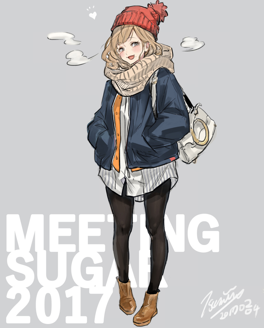 1girl absurdres bag bangs beanie black_legwear blue_coat blush boots breath brown_boots brown_hair coat commentary_request dated grey_background grey_eyes hands_in_pockets hat heart highres long_shirt miri_nanase mole mole_under_mouth open_mouth original pantyhose red_hat scarf shoulder_bag signature simple_background smile smug solo standing