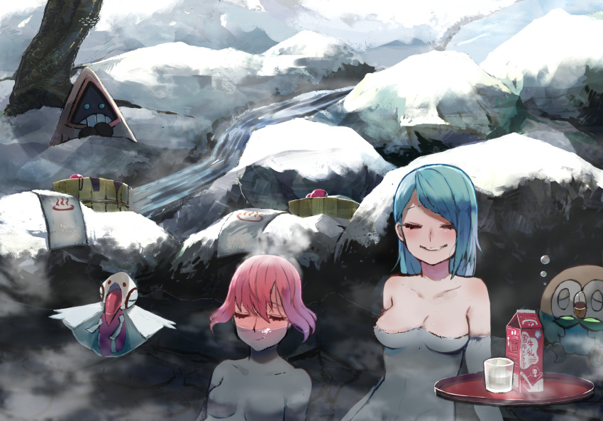 2girls bath bathing blue_hair breasts character_request closed_eyes highres long_hair multiple_girls nude onsen outdoors partially_submerged pokemon rerere rock short_hair smile snow towel tree