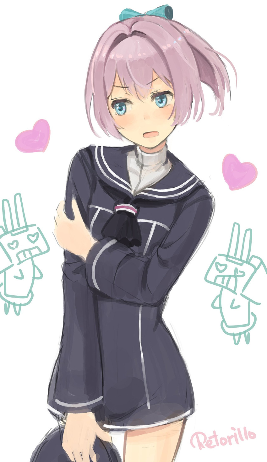 &gt;:o 1girl :o artist_name blue_eyes blush commentary cosplay doodle dress hat hat_removed headwear_removed heart heart_eyes highres holding holding_hat kantai_collection long_sleeves looking_away neckerchief pink_hair ponytail rensouhou-kun retorillo sailor_collar sailor_dress shiranui_(kantai_collection) sketch white_background z3_max_schultz_(kantai_collection) z3_max_schultz_(kantai_collection)_(cosplay)