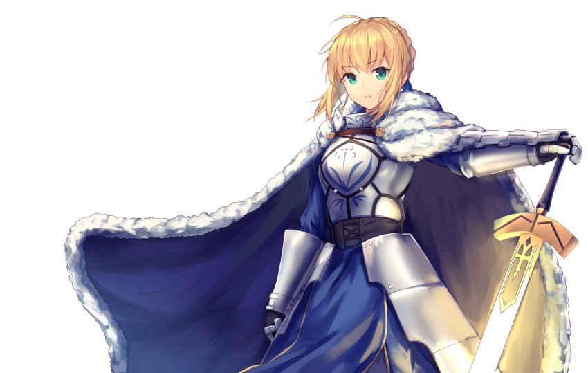 1girl ahoge arm_at_side armor armored_dress ato_(haru_ato) bangs blonde_hair blue_cloak blue_dress braid breastplate dress excalibur eyebrows_visible_through_hair fate/stay_night fate_(series) faulds french_braid fur-trimmed_cloak fur_trim gauntlets glowing glowing_sword glowing_weapon green_eyes hand_on_hilt highres light_smile long_sleeves looking_at_viewer outstretched_arm parted_lips planted_sword planted_weapon saber short_hair sidelocks signature simple_background solo standing sword weapon white_background wind