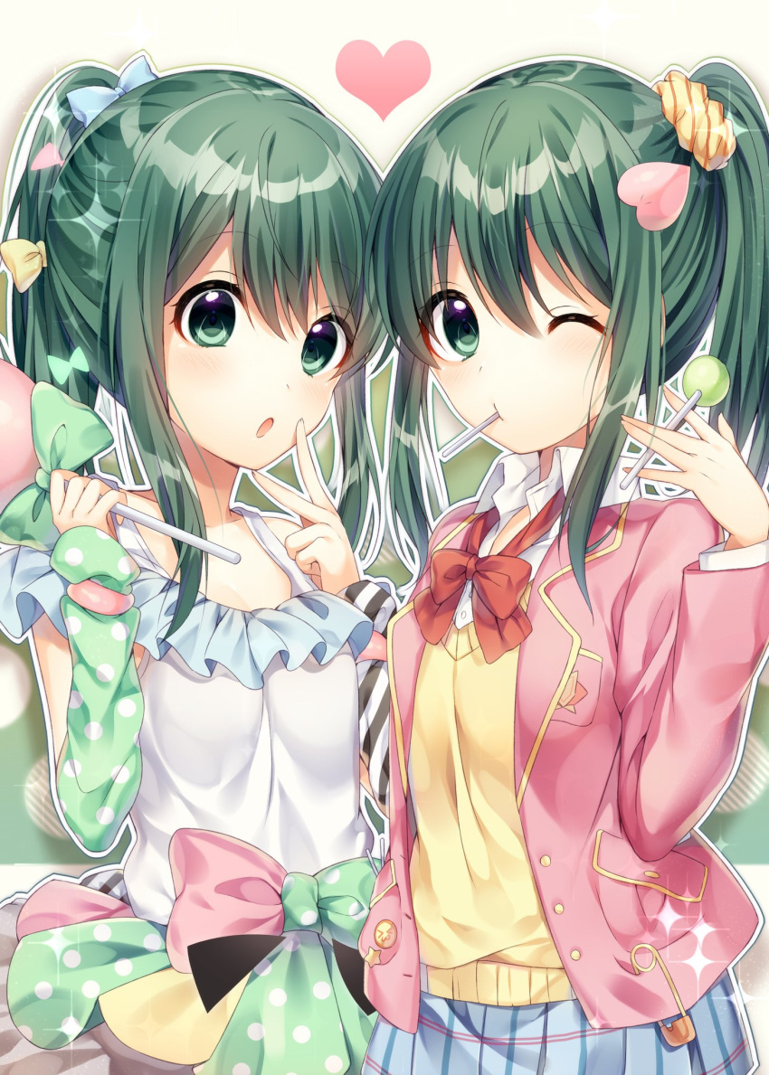 2girls bow bowtie breasts candy cleavage collarbone eyebrows_visible_through_hair food green_eyes green_hair hair_bow hair_ornament heart_hair_ornament highres large_breasts lollipop long_sleeves looking_at_viewer multiple_girls ntk_(7t5) one_eye_closed open_mouth red_bow red_bowtie serizawa_momoka tokyo_7th_sisters yellow_bow