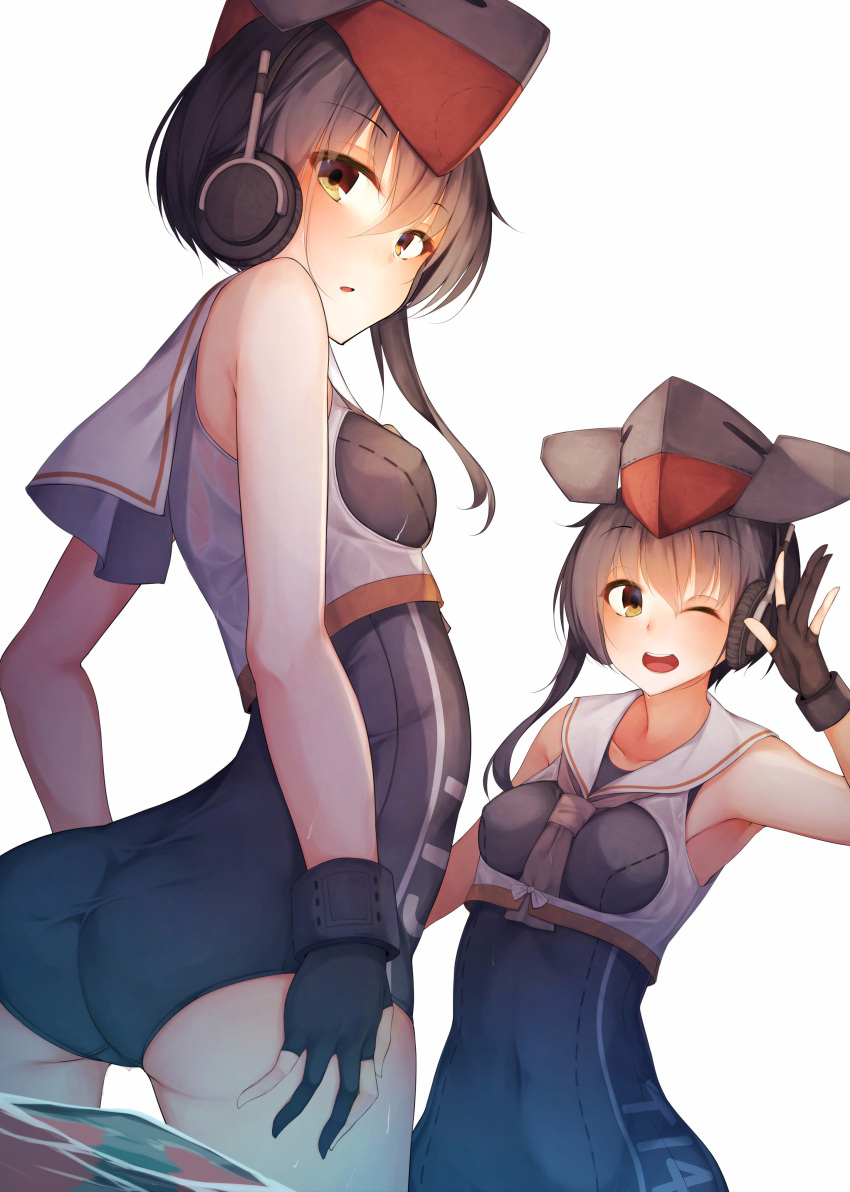 10s 2girls absurdres armpits ass asymmetrical_hair bare_shoulders black_hair blush brown_eyes collarbone commentary cowboy_shot eyebrows_visible_through_hair framed_breasts gloves hair_between_eyes hand_up hands_on_hips hat headphones highres i-13_(kantai_collection) i-14_(kantai_collection) kantai_collection looking_at_viewer looking_back multiple_girls neckerchief one_eye_closed open_mouth partly_fingerless_gloves rerrere sailor_collar school_swimsuit shirt short_hair sisters smile swimsuit twins water waving wet wet_clothes