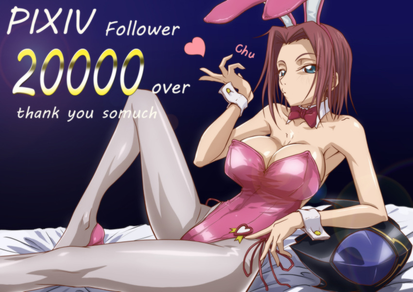 1girl :o animal_ears arm arm_support armpits bare_arms bare_shoulders bed blow_kiss blowing_kiss blue_background blue_eyes bow bowtie breasts bunny_girl bunny_tail bunnysuit cleavage code_geass covered_navel detached_collar english fake_animal_ears female grey_legwear grey_pantyhose hand_up heart helmet helmet_removed high_heels highres kallen_stadtfeld kyabakurabakufu large_breasts leaning leaning_back legs lens_flare leotard looking_at_viewer lying on_bed on_side pantyhose pink_high_heels pink_leotard pink_shoes pixiv rabbit_ears red_bow red_bowtie redhead shiny shiny_leotard shoes short_hair side-tie_leotard sitting solo strapless strapless_leotard tail wrist_cuffs yokozuwari