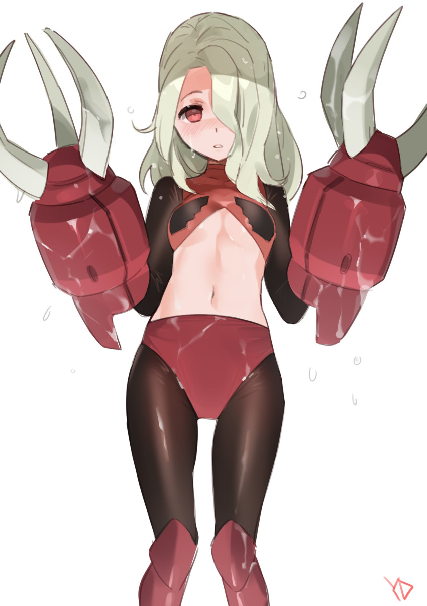 1girl blonde_hair breasts claws gundam highres long_hair looking_at_viewer mecha midriff mobile_suit_gundam navel one_eye_covered personification red_eyes solo under_boob weapon wet yang-do z'gok