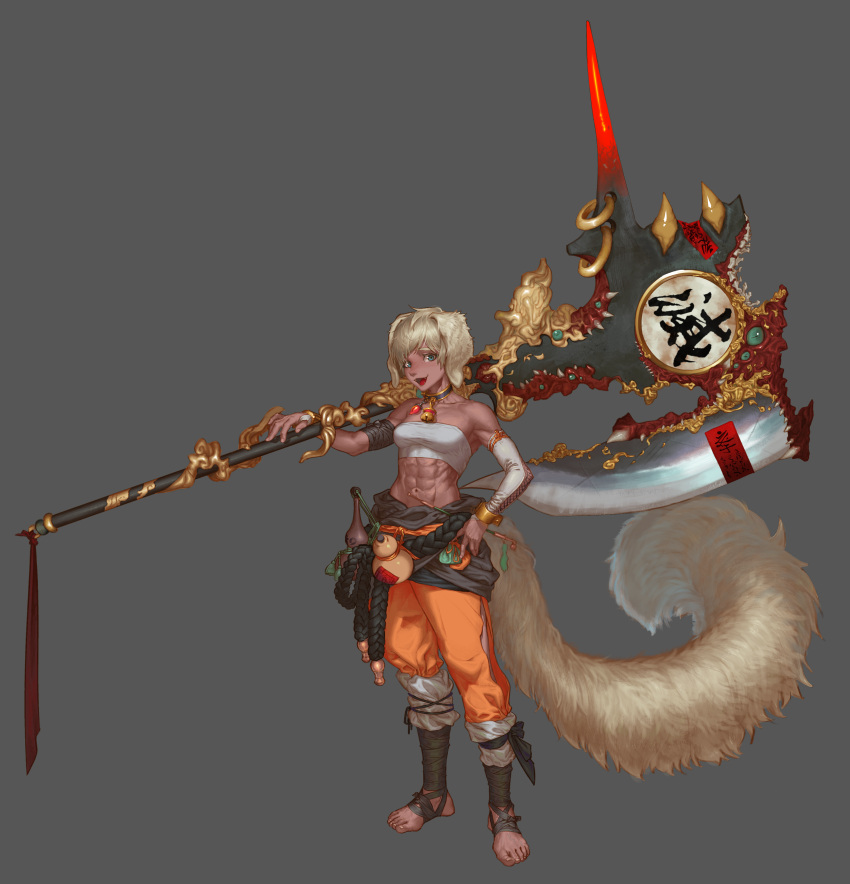 1girl abs absurdres animal_ears axe bandage bandaged_arm bandaged_feet bare_shoulders barefoot battle_axe bell bell_choker bracer breasts character_request choker commentary_request dark_skin detached_sleeves dog_ears dog_tail fang full_body gourd grey_background hand_on_hip highres huge_weapon midriff navel open_mouth over_shoulder shirtless short_hair silver_hair single_sleeve small_breasts solo strapless tail toes tubetop weapon weapon_over_shoulder wope