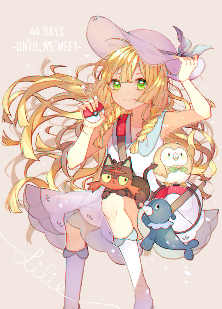 1girl bag bangs beige_background blonde_hair blue_ribbon braid breasts character_name chromatic_aberration closed_mouth collared_dress dress duffel_bag english eyebrows_visible_through_hair green_eyes hand_up hat hat_ribbon heart highres holding holding_hat holding_poke_ball kneehighs lillie_(pokemon) litten long_hair looking_at_viewer mya_rt poke_ball poke_ball_theme pokemon pokemon_(creature) pokemon_(game) pokemon_sm popplio ribbon rowlet see-through simple_background sitting sleeveless sleeveless_dress small_breasts smile sun_hat sundress twin_braids very_long_hair white_dress white_hat white_legwear