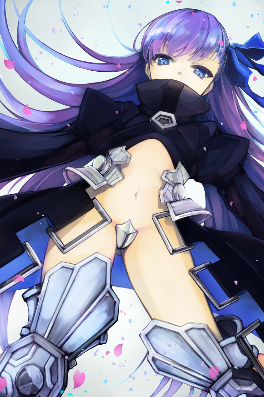 1girl asymmetrical_bangs bangs black_coat blue_eyes blue_ribbon covered_mouth crotch_plate eyebrows_visible_through_hair fate/extra fate/extra_ccc fate_(series) hair_ribbon highres juliet_sleeves legs_apart long_hair long_sleeves looking_at_viewer meltlilith navel otogi_kyouka petals puffy_sleeves purple_hair revealing_clothes ribbon solo thighs very_long_hair