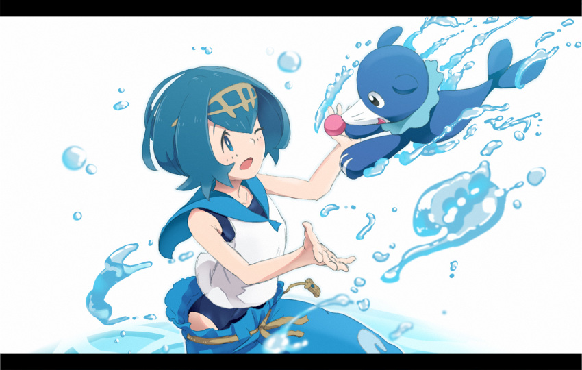 1girl bangs bare_shoulders blue_eyes blue_hair blue_pants blue_sailor_collar capri_pants collarbone commentary_request hairband highres one-piece_swimsuit one_eye_closed open_mouth outstretched_arms pants pokemon pokemon_(creature) pokemon_(game) pokemon_sm popplio sailor_collar school_swimsuit shirt short_hair sleeveless sleeveless_shirt spread_arms suiren_(pokemon) swimsuit swimsuit_under_clothes tadano_omake trial_captain water water_drop white_background white_shirt yellow_hairband