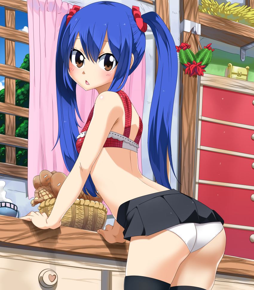 absurdres arm_support ass black_legwear black_skirt blue_hair blush bra bread breasts brown_eyes cowboy_shot day fairy_tail food hair_between_eyes hair_ornament hair_scrunchie highres huge_filesize indoors leaning_forward long_hair looking_at_viewer microskirt open_mouth panties planeptune pleated_skirt red_bra scrunchie shiny shiny_skin skirt small_breasts standing steam thigh-highs twintails underwear very_long_hair wendy_marvell white_panties window
