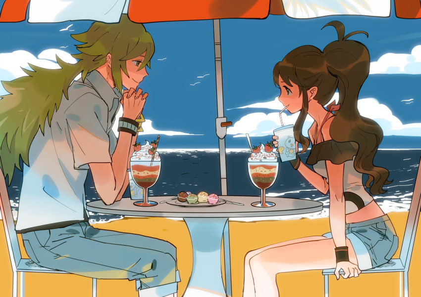 1boy 1girl beach blouse blue_eyes blue_sky brown_hair chair clouds day denim denim_shorts drinking_straw food green_eyes green_hair highres ice_cream looking_at_another mochi n_(pokemon) ocean plate pokemon pokemon_(game) pokemon_bw ponytail shorts sitting sky story_yin sundae table touko_(pokemon) wagashi wristband