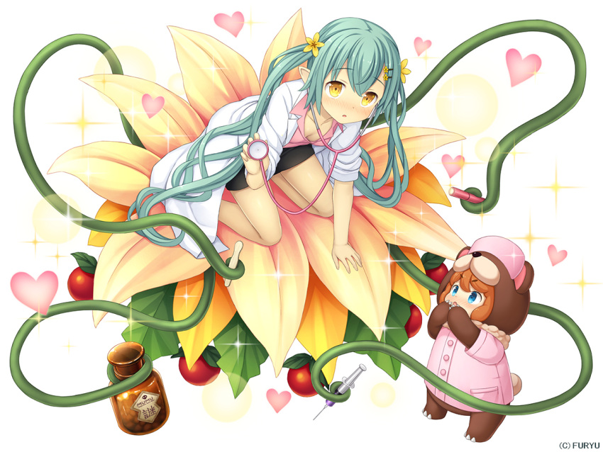 2girls :o all_fours animal_costume bangs bear_costume berry black_skirt blush breasts buttons chiruchiru_(monmusume-harem) cleavage collarbone collared_shirt eyebrows_visible_through_hair flower full_body fur-trimmed_shirt green_hair hair_flower hair_ornament hairclip hat heart heart_background labcoat leaf light long_hair looking_at_another looking_at_viewer looking_up lotus monmusume-harem multiple_girls namaru_(summer_dandy) nose_blush nurse_cap orange_flower pen_light pencil_skirt pink_hat pink_shirt plant pointy_ears shirt short_sleeves simple_background skirt sleeves_pushed_up small_breasts sparkle stethoscope syringe tareme tongue_depressor twintails very_long_hair vines white_background yellow_eyes yellow_flower