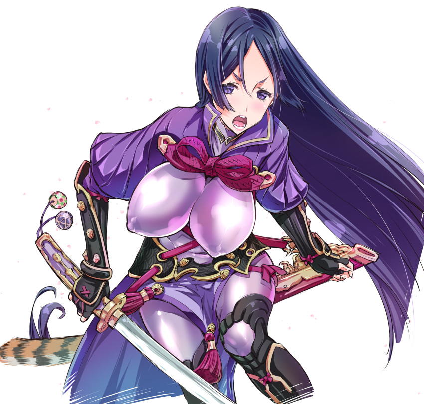 1girl absurdres black_gloves black_hair bodysuit breasts covered_nipples fate/grand_order fate_(series) fingerless_gloves gloves highres holding holding_sword holding_weapon katana large_breasts long_hair minamoto_no_raikou_(fate/grand_order) open_mouth sheath solo suzuki24 sword teeth tongue violet_eyes weapon