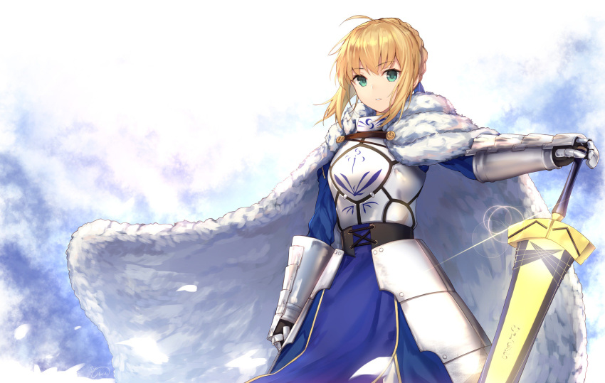 1girl ahoge arm_at_side armor armored_dress ato_(haru_ato) avalon_(fate/stay_night) bangs blonde_hair blue_dress braid breastplate cloak dress excalibur eyebrows_visible_through_hair fate/stay_night fate_(series) faulds french_braid fur_cloak gauntlets glint green_eyes hand_on_hilt highres lens_flare light_smile long_sleeves looking_at_viewer outstretched_arm parted_lips planted_sword planted_weapon saber short_hair sidelocks solo standing sword weapon white_background white_cloak wind