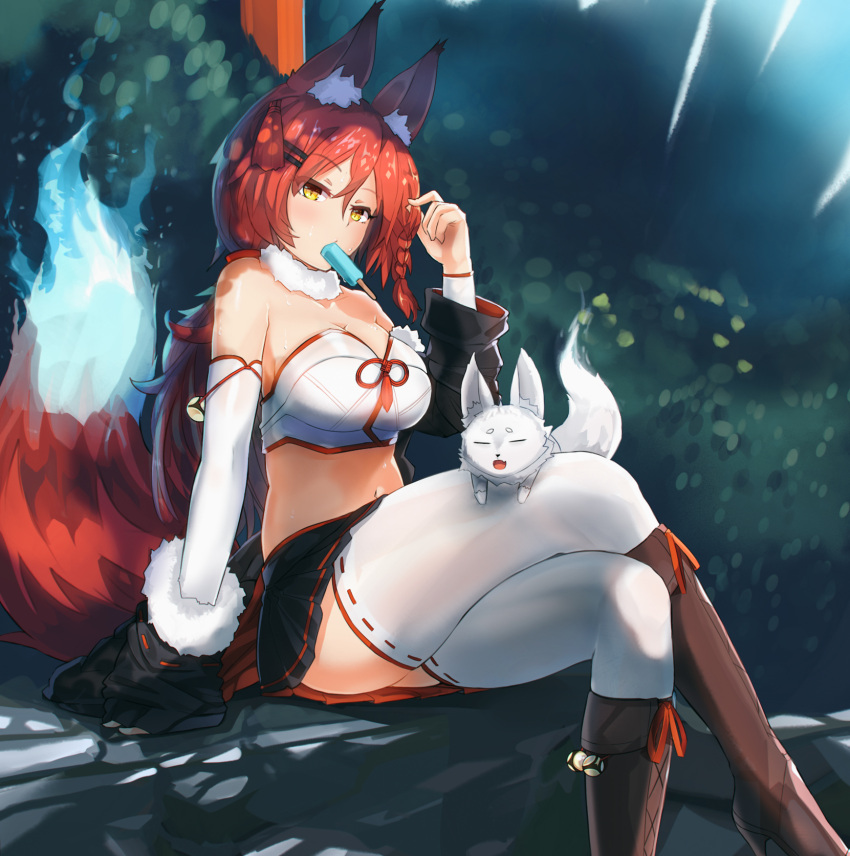1girl animal animal_ears animal_on_lap bare_shoulders bell black_skirt boots braid breasts cleavage commentary crop_top detached_sleeves ehrrr food fox fox_ears fox_tail fur_collar hair_ornament hairclip highres jingle_bell knee_boots large_breasts legs_crossed long_hair looking_at_viewer midriff mouth_hold navel original outdoors ponytail popsicle redhead ribbon-trimmed_legwear ribbon_trim short_braid side_braid single_braid sitting skirt solo tail thigh-highs white_legwear yellow_eyes