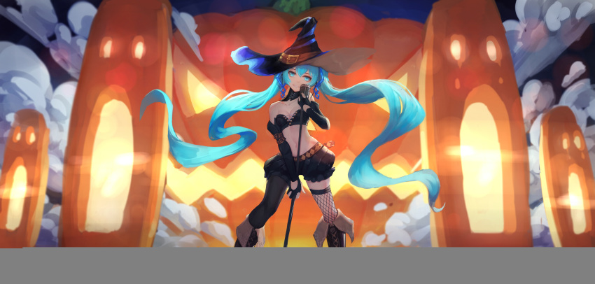 1girl absurdres black_hat black_legwear blue_eyes blue_hair breasts cleavage fishnet_legwear fishnets gods_(1073337800) hat hatsune_miku highres holding holding_microphone large_breasts long_hair looking_at_viewer microphone microphone_stand navel pantyhose parted_lips smile solo thigh-highs twintails vocaloid witch_hat