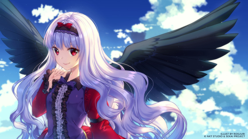 1girl black_wings blue_sky breasts commentary dress feathered_wings frilled_dress frilled_sleeves frills hairband lavender_hair long_hair looking_at_viewer red_eyes rosuuri serment_-contract_with_a_devil sky small_breasts smile solo very_long_hair wings