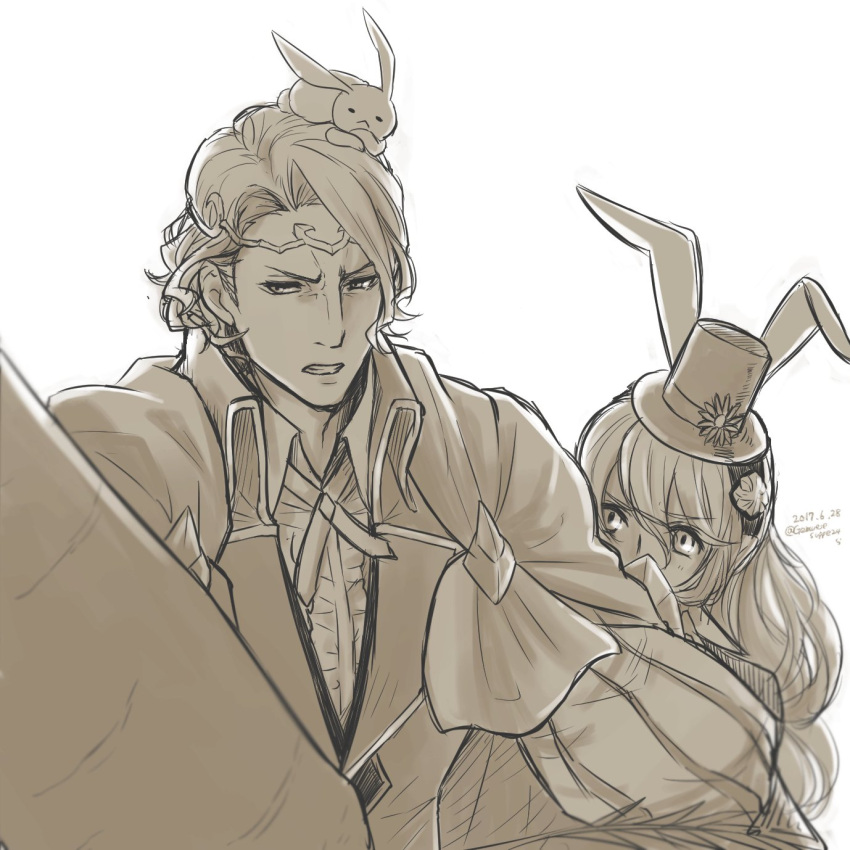 1boy animal_ears blonde_hair bunny_girl female_my_unit_(fire_emblem_if) fire_emblem fire_emblem_heroes fire_emblem_if gemuesesuppe24 gloves hairband highres long_hair looking_at_viewer male_focus marks_(fire_emblem_if) monochrome my_unit_(fire_emblem_if) rabbit rabbit_ears short_hair