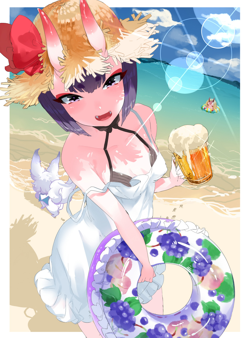 1girl :d aano_(10bit) absurdres alcohol bare_shoulders beach beer beer_mug breasts dress fangs fate/grand_order fate_(series) fou_(fate/grand_order) hat highres horns innertube looking_at_viewer oni open_mouth purple_hair short_hair shuten_douji_(fate/grand_order) smile strap_slip straw_hat violet_eyes white_dress