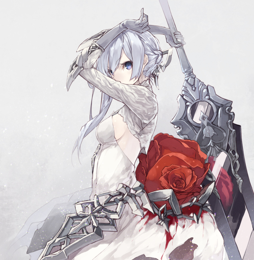 1girl arms_up asymmetrical_hair bangs blue_eyes braid breasts chains dress eyebrows_visible_through_hair flower from_side gloves grey_background grey_gloves grey_hair hair_ribbon highres holding holding_sword holding_weapon looking_at_viewer medium_breasts red_flower red_rose ribbon rose senmu short_hair_with_long_locks sideboob sidelocks simple_background sinoalice snow_white_(sinoalice) solo sword weapon white_dress white_ribbon