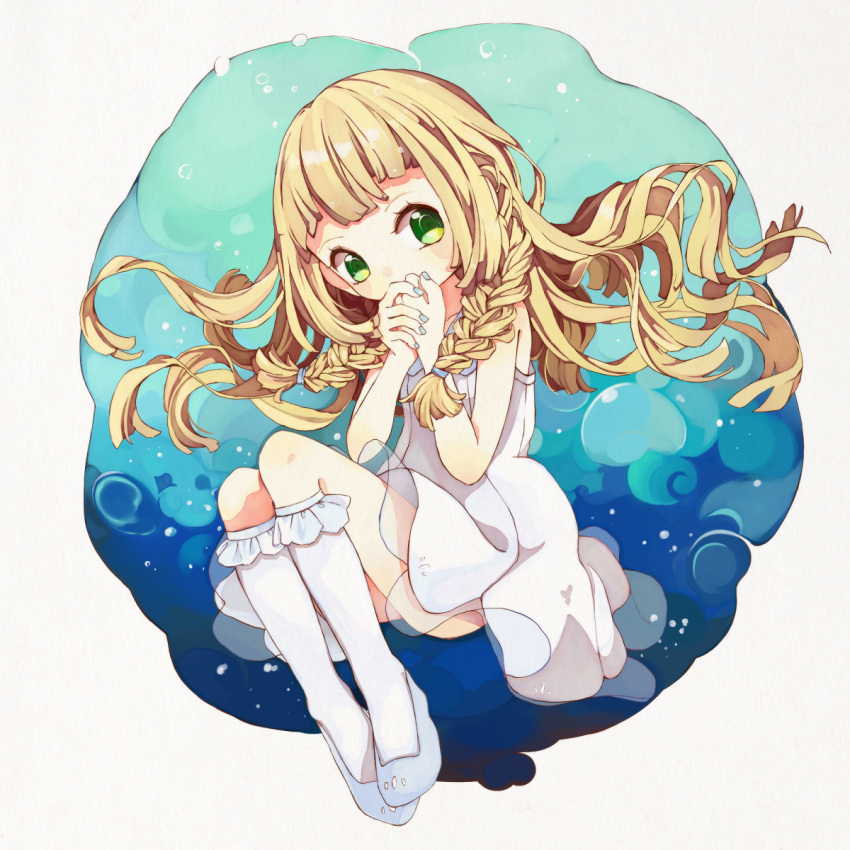 1girl bangs bare_arms bare_shoulders blonde_hair blue_shoes blunt_bangs braid breasts bubble collarbone collared_dress commentary_request covering_mouth dress floating_hair full_body gradient gradient_background green_eyes hair_tie hands_together highres kneehighs legs_together lillie_(pokemon) long_hair nail_polish pinkusan pokemon pokemon_(game) pokemon_sm see-through shoes sitting sleeveless sleeveless_dress small_breasts solo sundress twin_braids very_long_hair white_dress white_legwear