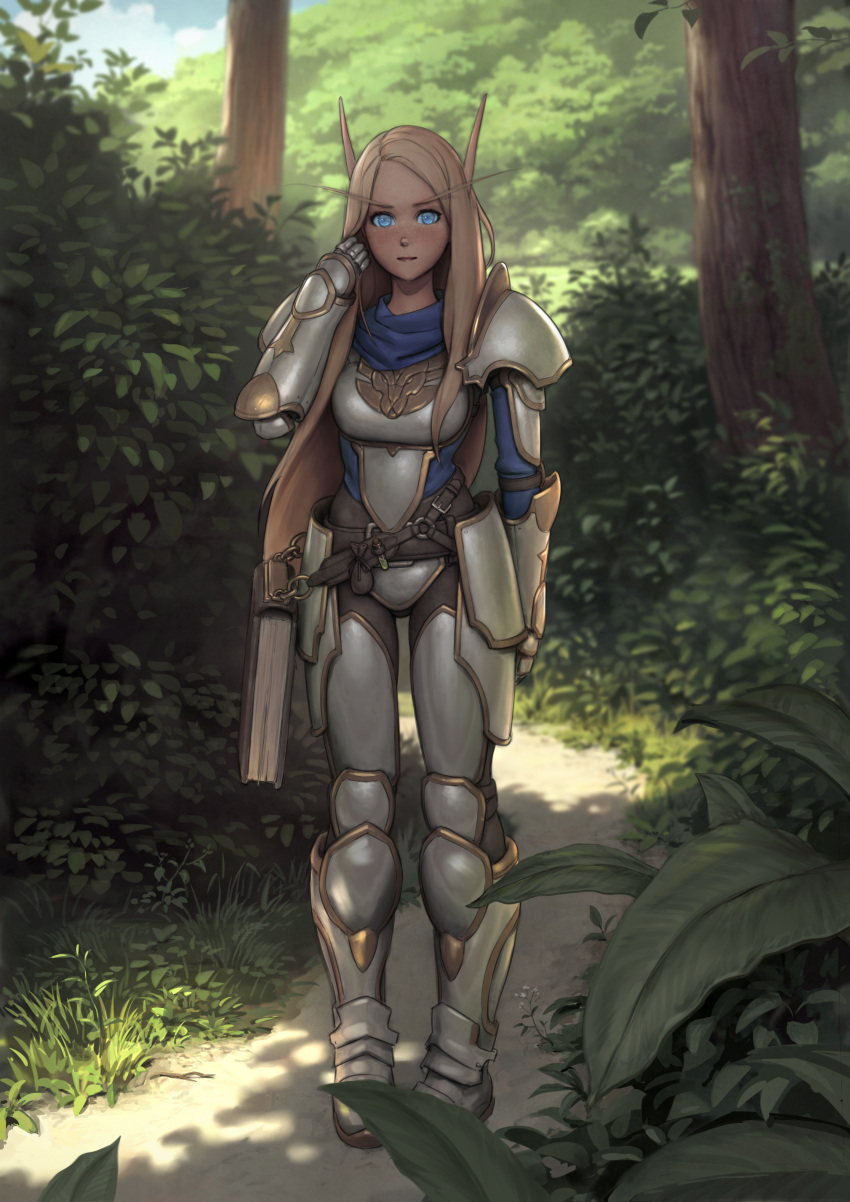 1girl :| absurdres arm_at_side armor armored_boots blonde_hair blue_eyes book boots breastplate bush closed_mouth clouds commentary crotch_plate day elf expressionless eyebrows faulds forest full_armor full_body gauntlets grass greaves hair_tucking hand_in_hair hand_up high_elf highres huge_filesize i0525 leaf light_blush long_eyebrows long_hair long_pointy_ears looking_at_viewer nature npc outdoors path pauldrons pigeon-toed plant pointy_ears road shade shoulder_armor solo standing sunlight tree tree_shade warcraft