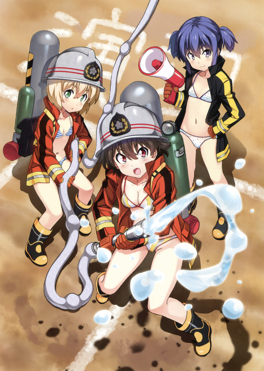 3girls absurdres bikini black_jacket blonde_hair blue_hair blush boots breasts brown_hair closed_mouth collarbone eyebrows_visible_through_hair fire_helmet firefighter from_above full_body gloves green_eyes hair_between_eyes highres holding hose jacket kuuchuu_yousai looking_at_viewer medium_breasts megaphone multiple_girls open_clothes open_jacket open_mouth orange_gloves orange_jacket original parted_lips polka_dot polka_dot_bikini red_eyes scan short_hair short_twintails small_breasts smile standing striped striped_bikini striped_jacket swimsuit tank_(container) twintails v-shaped_eyebrows violet_eyes water white_bikini