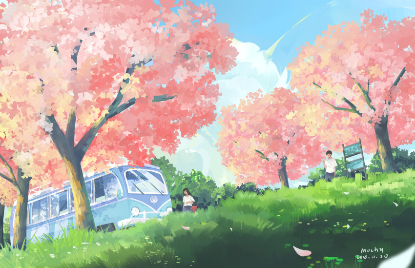 1boy 1girl absurdres arm_at_side artist_name black_hair blue_sky bus clouds dated grass ground_vehicle highres mochy motor_vehicle outdoors petals scenery sign sky standing tree umbrella_on_arm