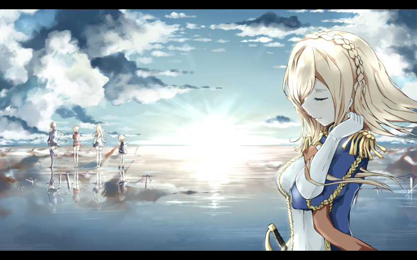 5girls absurdres aiguillette anchor anotoki_ashi blonde_hair blue_jacket blue_sky braid clenched_hand closed_eyes closed_mouth clouds crown_braid epaulettes eyelashes floating_hair from_behind from_side gloves glowworm_(zhan_jian_shao_nyu) hand_up highres hood_(zhan_jian_shao_nyu) horizon jacket landscape light_rays light_reflection_(water) multiple_girls outdoors profile red_sash reflection richelieu_(zhan_jian_shao_nyu) rodney_(zhan_jian_shao_nyu) sky smile solo_focus standing sun sunlight sword_hilt upper_body vanguard_(zhan_jian_shao_nyu) water white_gloves wind zhan_jian_shao_nyu