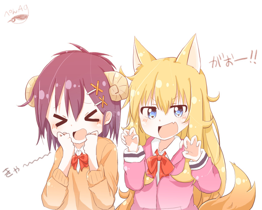 &gt;_&lt; 2girls animal_ears artist_signature blonde_hair blue_eyes blush cardigan claw_pose closed_eyes demon_horns fang gabriel_dropout hair_ornament hand_to_own_mouth highres horns kemonomimi_mode long_hair messy_hair multiple_girls open_mouth pen_ag pink_cardigan purple_hair school_uniform short_hair tail tenma_gabriel_white topknot tsukinose_vignette_april white_background x_hair_ornament